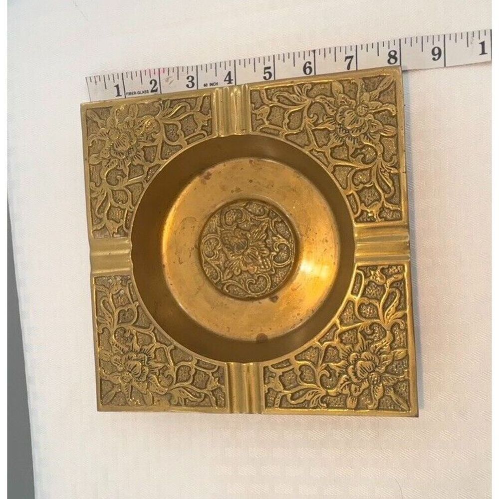 Mid Century Ornate Floral Brass Ashtray / 1960s